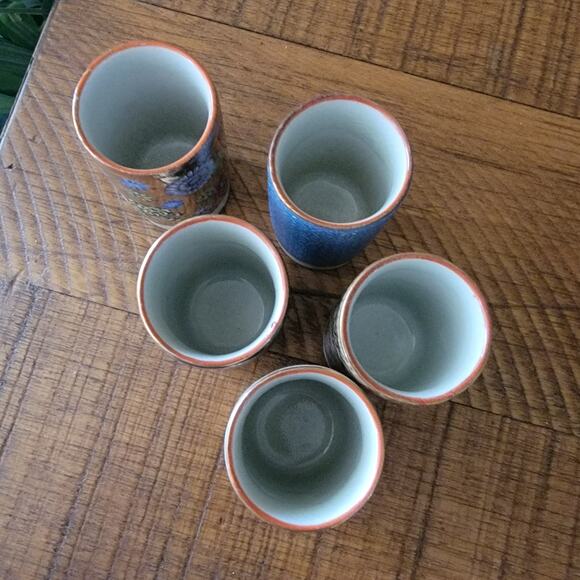 Vintage Japanese Sake Tea Cup Set Japan Handpainted Crane Floral Gold Rim Yunomi - Picture 8 of 10